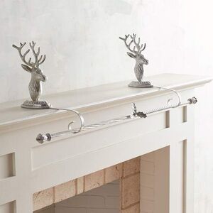 Pier 1 Imports 4 Piece Mantle Silver Reindeer Christmas Stocking Holder Rod Set